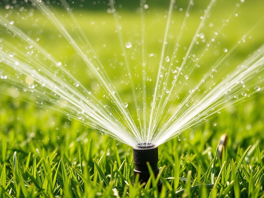 A close-up shot of a well-maintained sprinkler system in action, spraying water over a lush green lawn. The focus should be on the sprinkler head, with water droplets glistening in the sunlight, showcasing the efficiency of the irrigation system. The background should be softly blurred to emphasize the sprinkler and the healthy grass, illustrating the importance of proper irrigation in maintaining a vibrant lawn. The composition should be simple and clear.