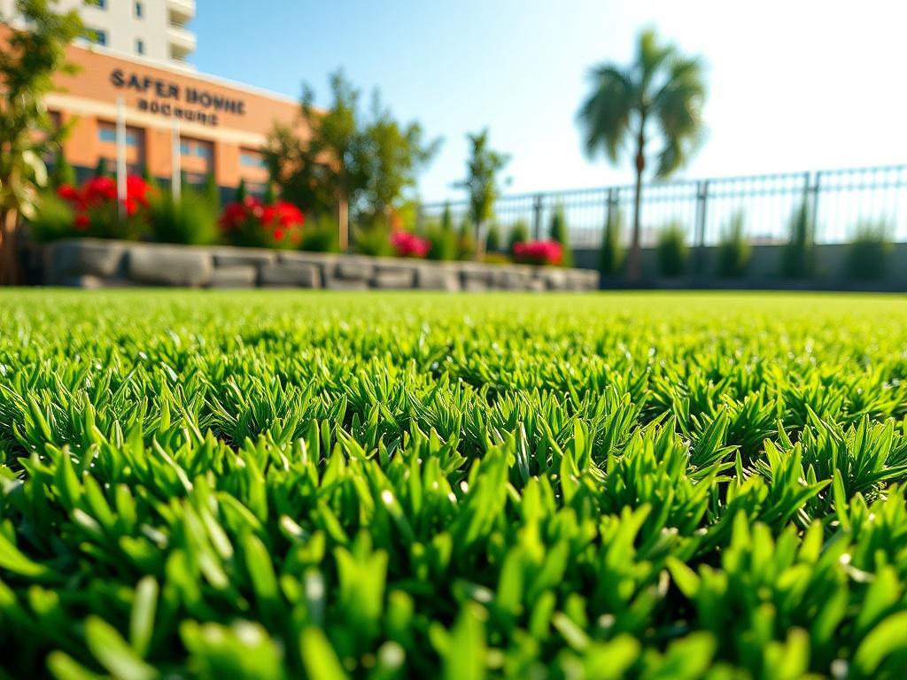 A detailed close-up of freshly installed sod, showcasing its rich green color and texture. The background should include a well-maintained garden and a clear sky, with sunlight illuminating the sod, captured using a 45mm f/1.2 lens.