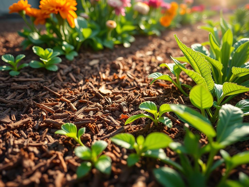 A close-up of freshly applied mulch in a vibrant garden bed, showcasing its rich, earthy tones. The image should highlight colorful flowers and green plants, with soft sunlight filtering through the leaves, captured with a 45mm f/1.2 lens.