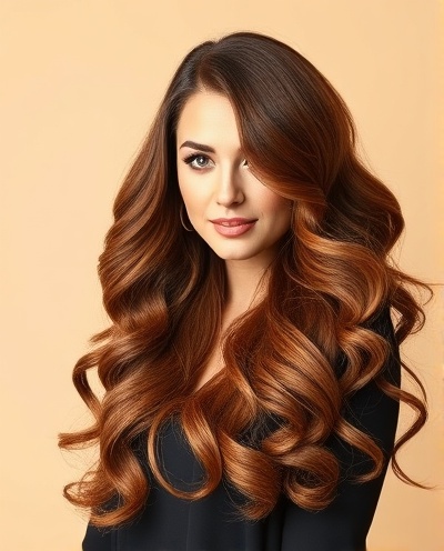 Cheveux longs avec boucles voluptueuses en couleur caramel