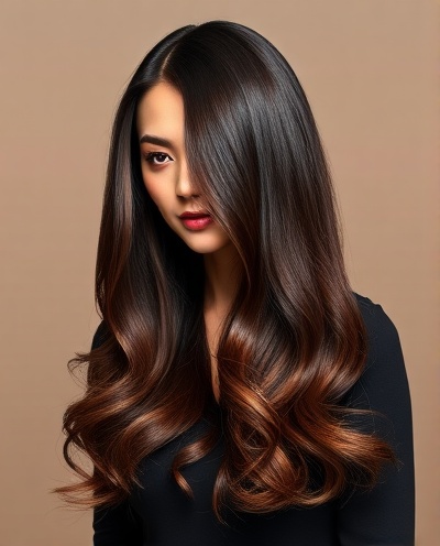 Cheveux longs avec balayage auburn et ondulations glamour