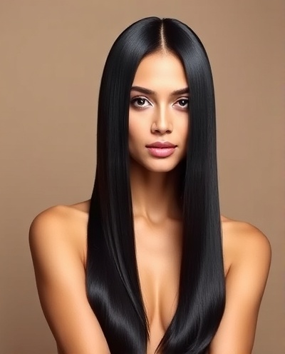 Cheveux noirs longs avec raie centrale et finition soyeuse