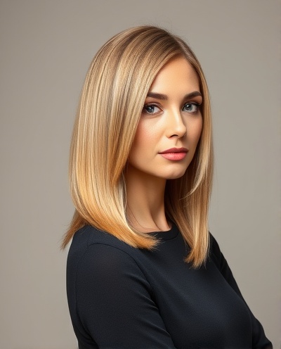 Coupe classique mi-longue en blond miel avec finition lisse