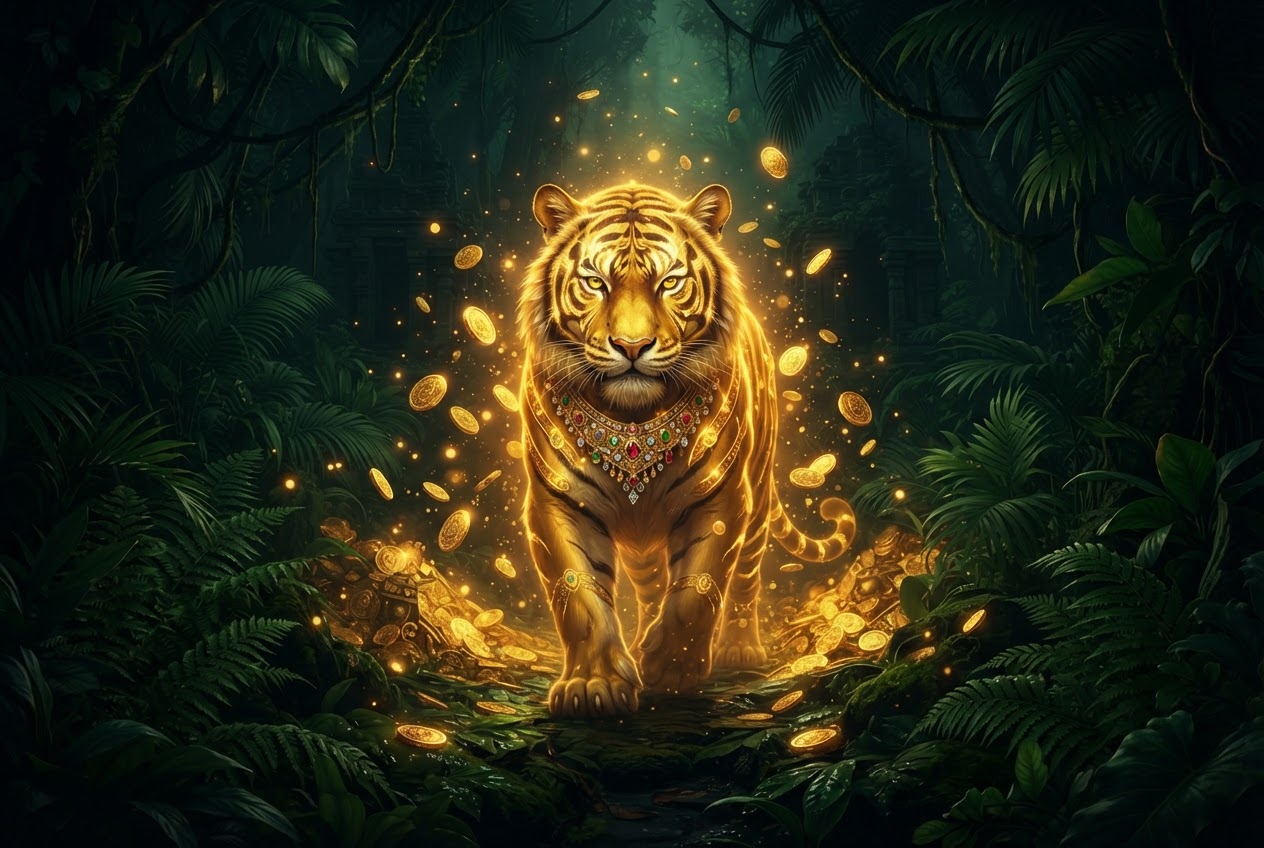 Golden tiger among emerald leaves, Maharaja’s Fortune game artwork