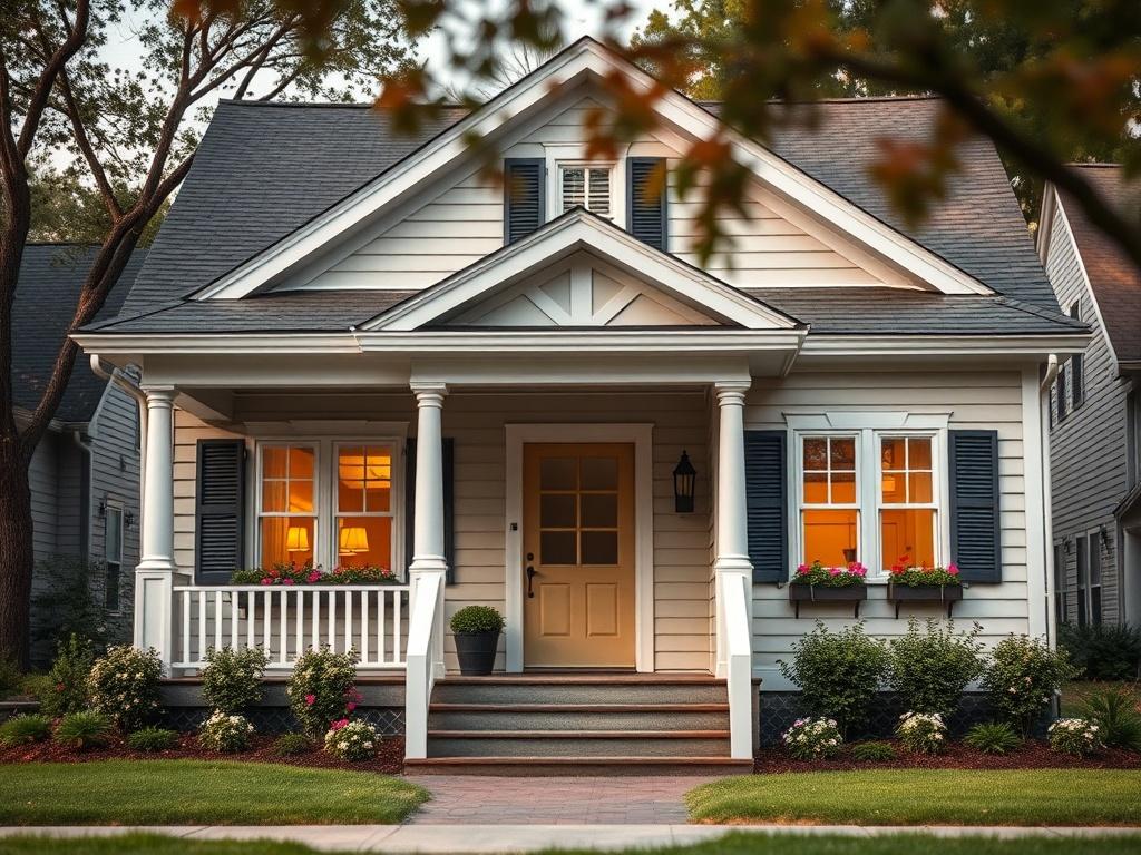 A hyper-realistic close-up shot of a Classic Charm Model house, showcasing its welcoming front porch and traditional architectural details. The background features a quaint neighborhood setting with trees and flowers, focusing on the house's inviting facade, captured with a 45mm f/1.2 lens.