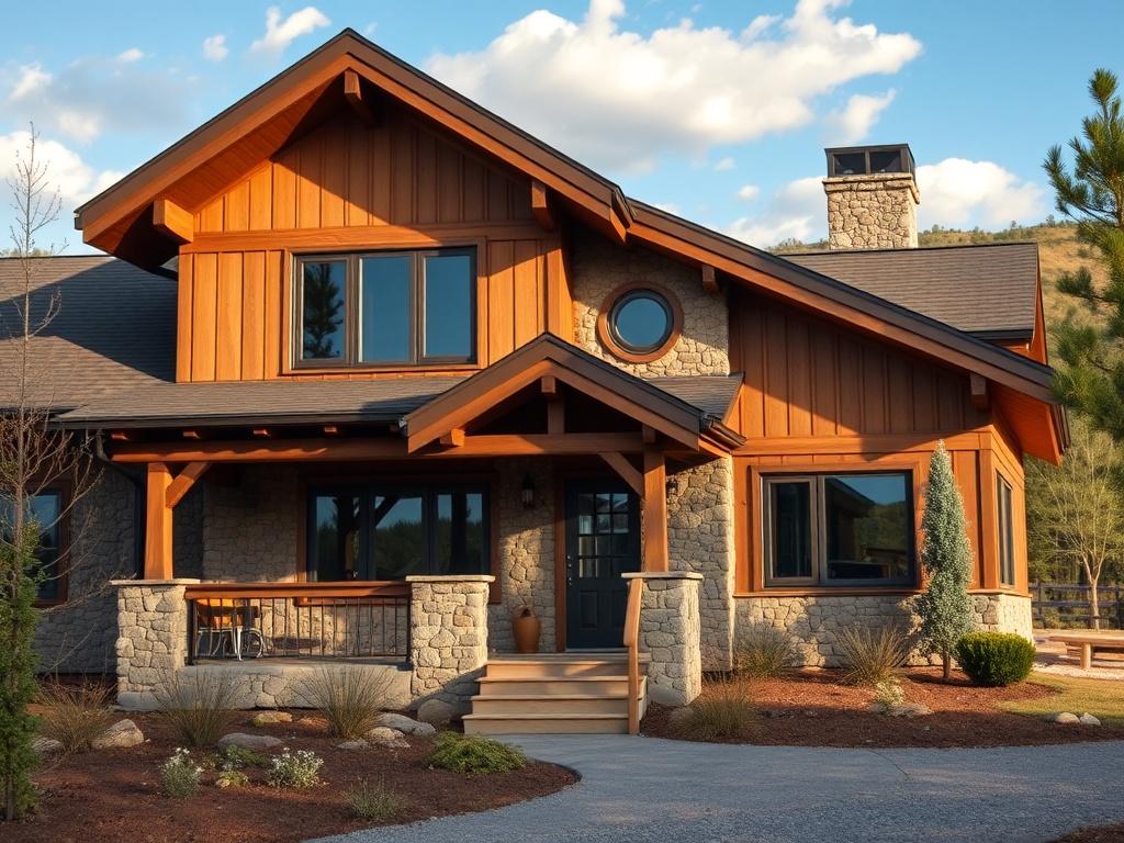 A hyper-realistic close-up shot of a Rustic Retreat Model house, featuring natural wood accents and stone detailing. The background showcases a serene natural landscape with trees and hills, capturing the house's harmonious design, shot with a 45mm f/1.2 lens.