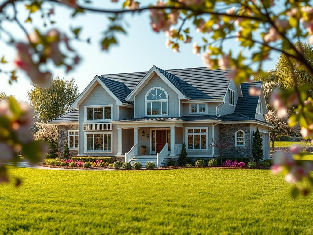 Create a realistic high-resolution image that captures the essence of a custom home model. The composition should be simple and clear, focusing on a single stunning home model. Position the house at the center of the frame, ensuring it has a sleek and modern design, showcasing intricate architectural details such as large windows, a cozy front porch, and elegant roofing.

The background should feature a lush green landscape, with a manicured lawn and blooming flowers that frame the home, enhancing its appeal. Soft sunlight should illuminate the scene, casting gentle shadows and creating a welcoming atmosphere. Ensure the colors are vibrant, reflecting the beauty of the house and its setting.

Avoid any text or abstract shapes in this image. The overall vibe should convey a sense of luxury and comfort, inviting viewers to explore the diverse range of home models we offer. Provide a clear focus on the home while allowing the background to complement and enhance the subject matter.