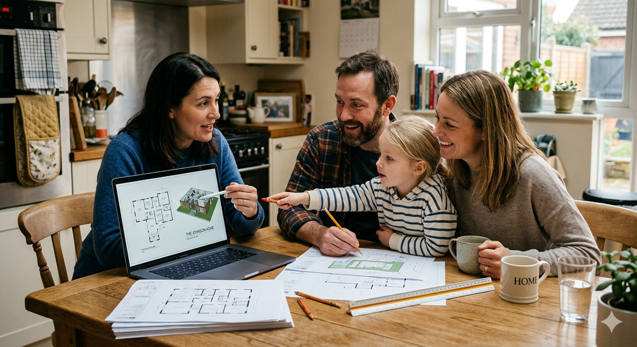 scene captures an authentic moment of a family collaborating with an architect to design their dream home using a laptop at a kitchen table..png