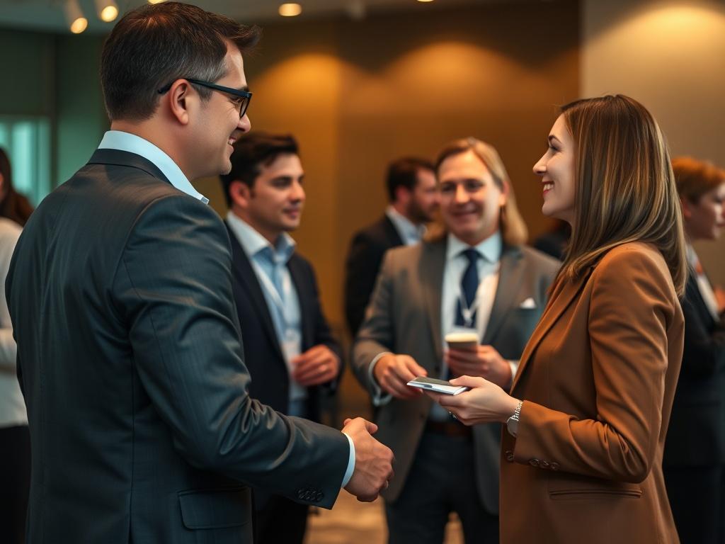 A professional networking event with business leaders exchanging ideas and