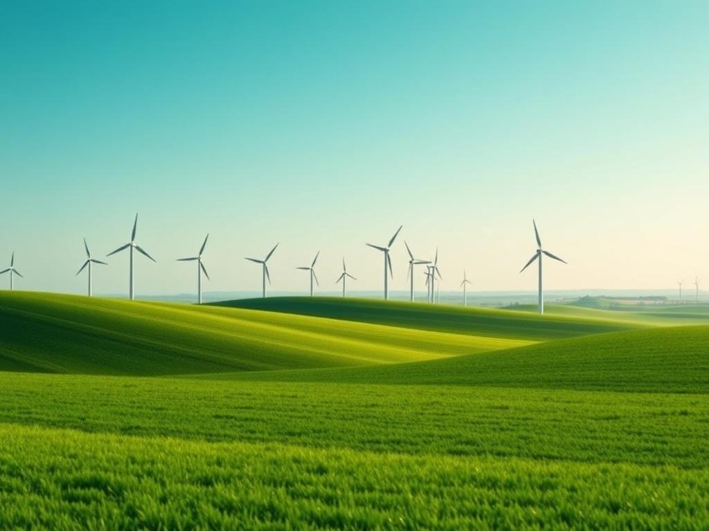 A serene landscape showcasing a green field with wind turbines