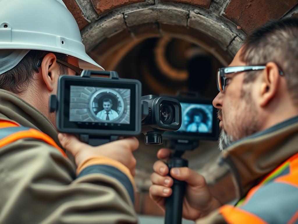 A close-up shot of a professional technician performing a camera inspection inside a chimney, showcasing the high-tech equipment used. The technician is focused and wearing safety gear, with a clear view of the camera feed visible on a portable screen. The background should be a clean, modern chimney environment, highlighting the importance of chimney maintenance. The composition should be simple and clear, emphasizing the technician and the camera equipment.