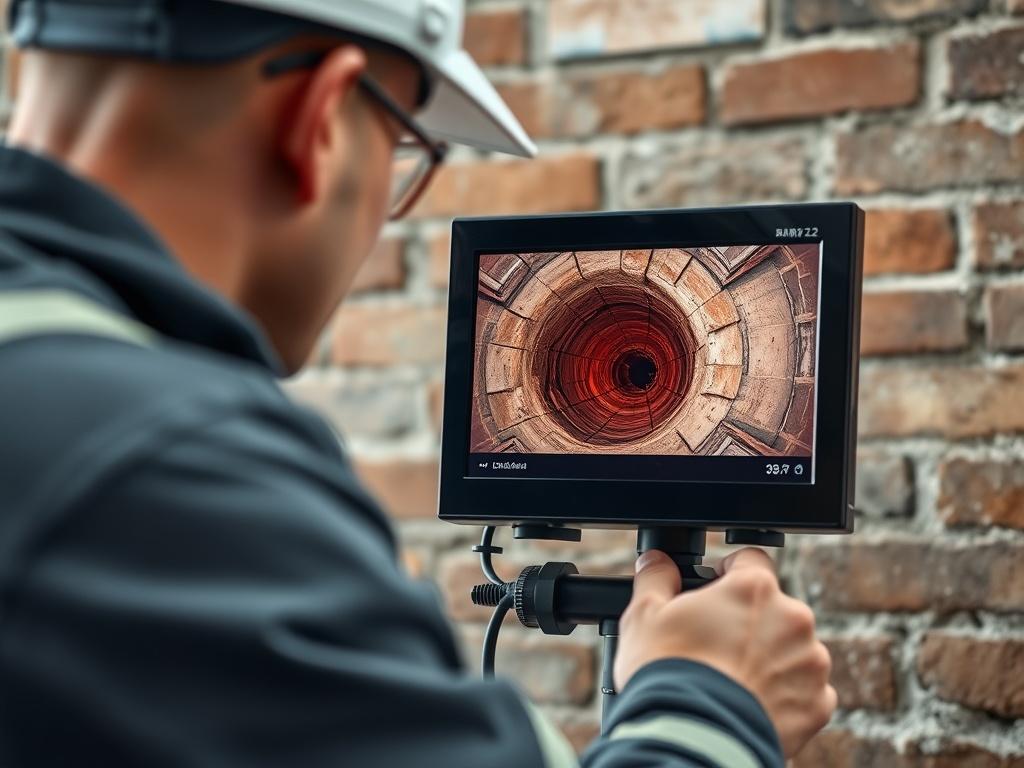 A technician conducting a chimney camera inspection, focusing on the