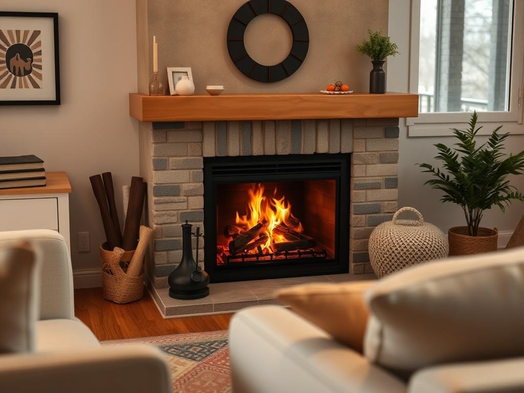 A cozy living room with a well maintained gas fireplace,