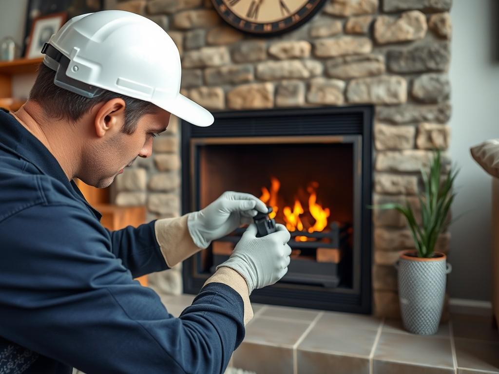 A technician repairing a wood fireplace, focusing on replacing a