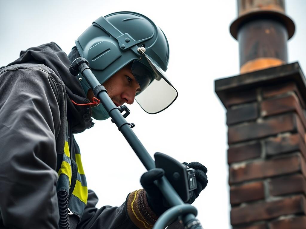 A close up shot of a professional chimney cleaner using