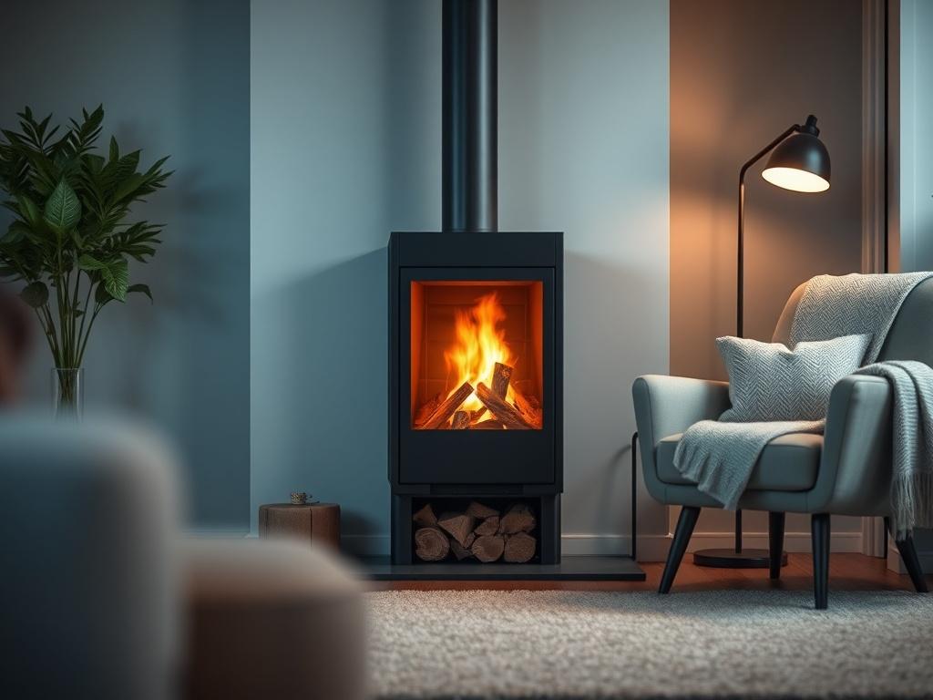 Create a realistic high-resolution photo that captures the essence of the blog titled "Veelgemaakte fouten bij het gebruik van een haard en hoe je ze voorkomt." The composition should be simple and clear, featuring a single subject: a beautifully designed, modern wood-burning fireplace with a warm glow emanating from it. 

The fireplace should be the focal point, showcasing its intricate details, such as a polished finish, natural wood logs neatly arranged, and flames gently flickering. Surround the firepla