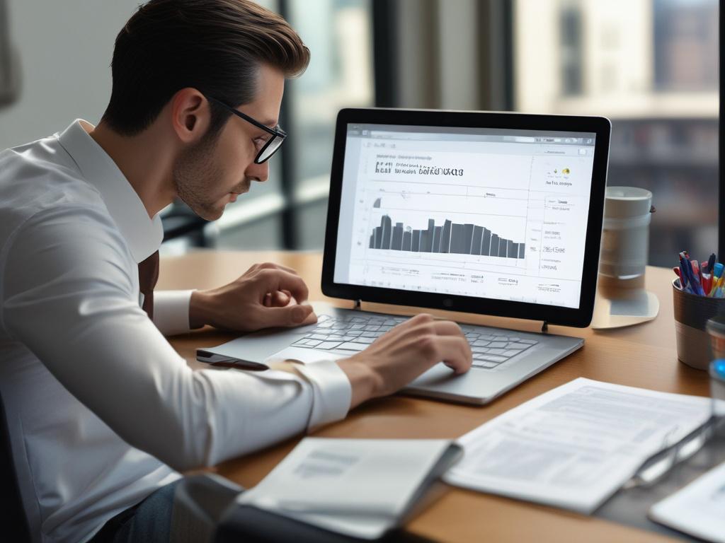 A realistic close up shot of a financial analyst reviewing
