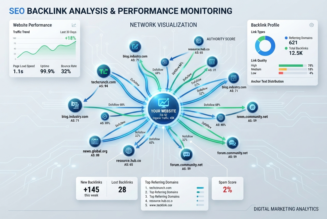 SEO backlink analysis and website performance monitoring