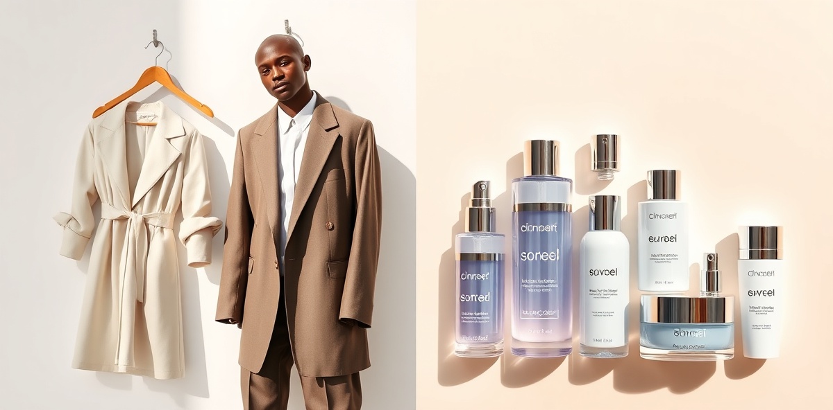 Luxe boutique editorial collage of fashion and skincare