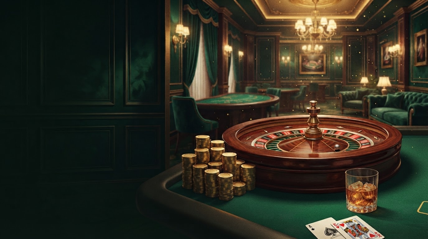 A dramatic emerald and gold casino lounge with a roulette wheel