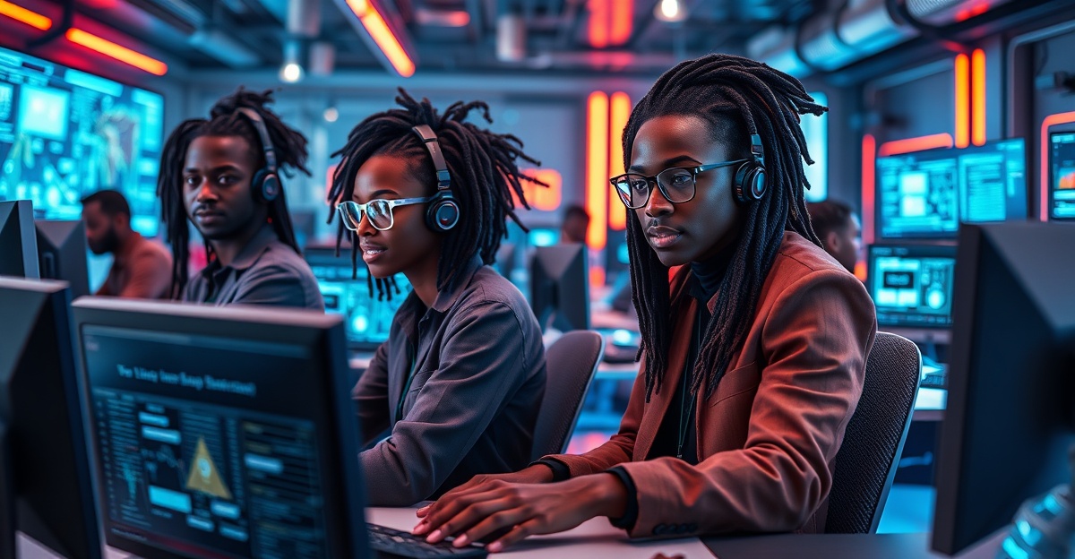 Black tech professionals with dreadlocks in futuristic tech environment