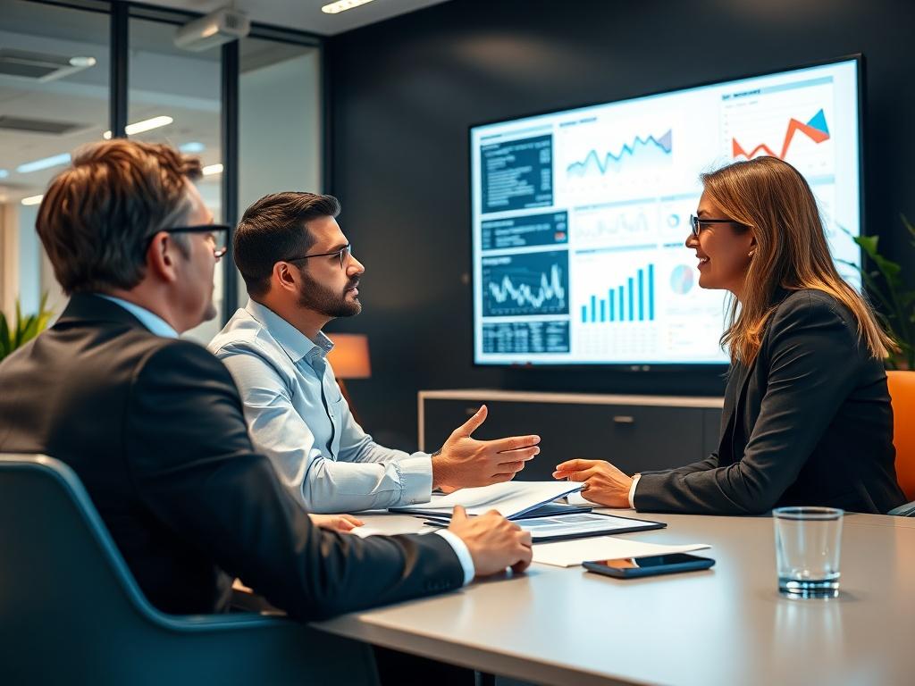 A consultant discussing strategies with a client in a modern