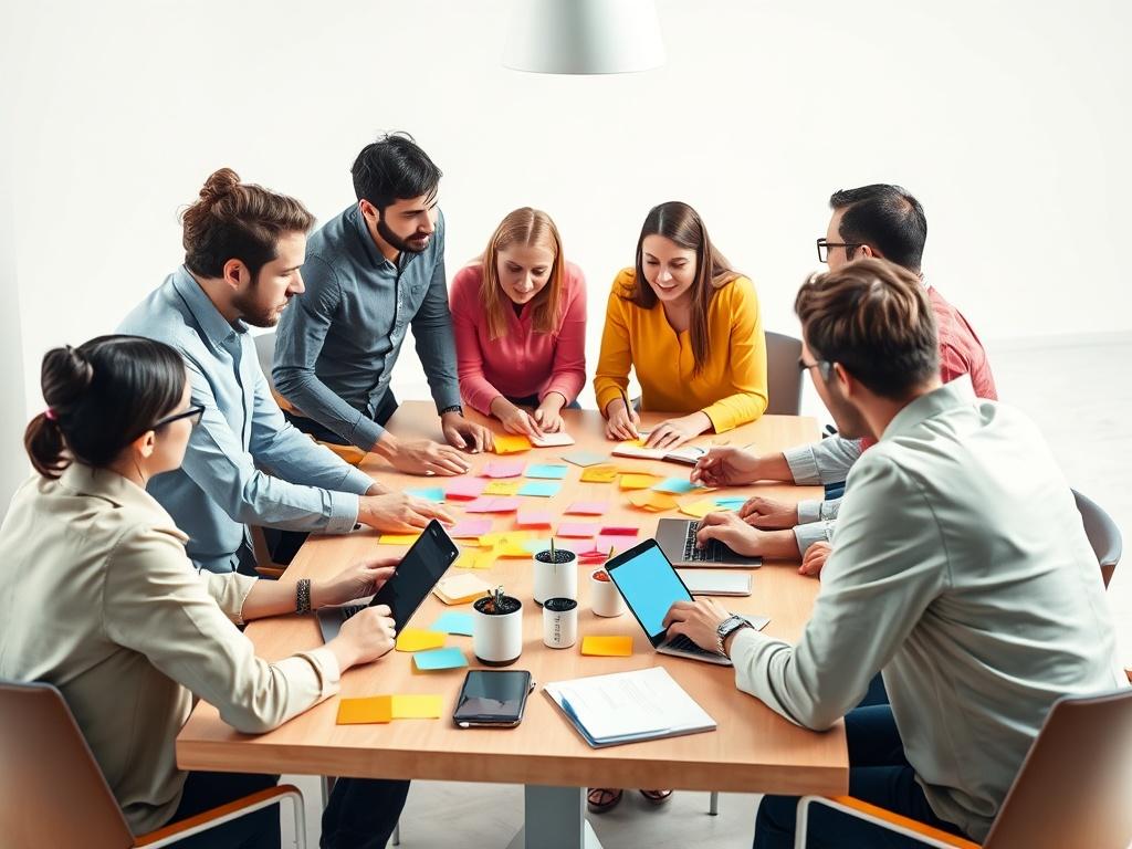A vibrant marketing team brainstorming around a table, with colorful