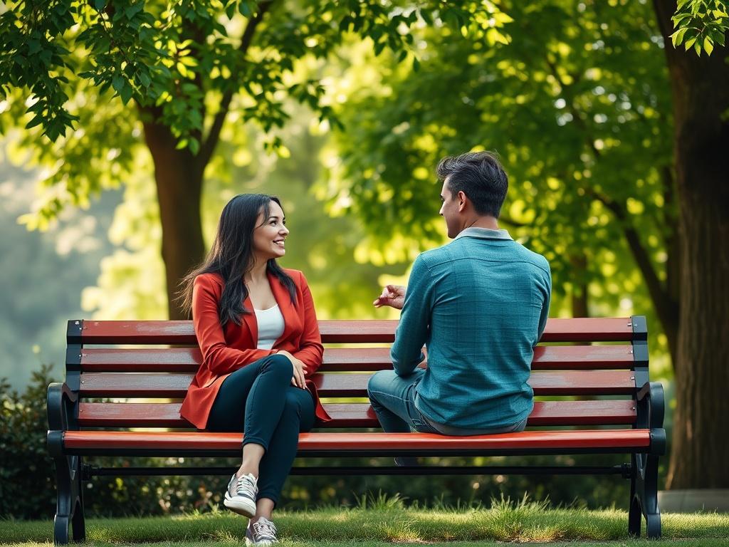 A serene setting featuring a couple sitting on a park bench, engaged in an intimate conversation. The background showcases lush greenery with soft sunlight filtering through the leaves, creating a warm and inviting atmosphere. The couple appears relaxed and connected, with genuine expressions that reflect deep emotional engagement. The composition is simple and clear, focusing on the couple as the central subject, encapsulating the essence of relationship advice.