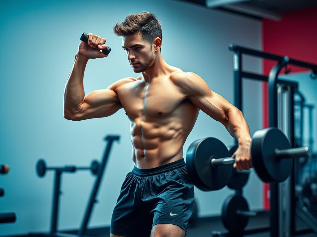 A fit individual engaging in a dynamic workout session with weights in a bright, modern gym. The subject is focused and determined, showcasing strength and vitality. The background features clean lines and vibrant colors, emphasizing a motivating and energetic environment. The lighting is bright and uplifting, highlighting the individual's form and the gym equipment.