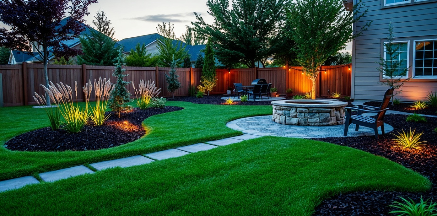 Well-maintained residential yard with landscaping and fire pit