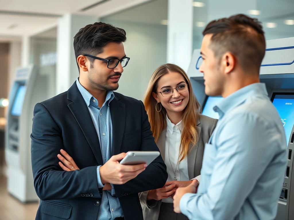 A professional-looking team of cash handling experts in a modern office setting, focused on discussing ATM solutions. The scene should be well-lit, showcasing advanced cash-handling technology in the background. Capture the team's expressions of confidence and collaboration, emphasizing a commitment to service excellence. Use a clean composition with a shallow depth of field to highlight the team while softly blurring the background.