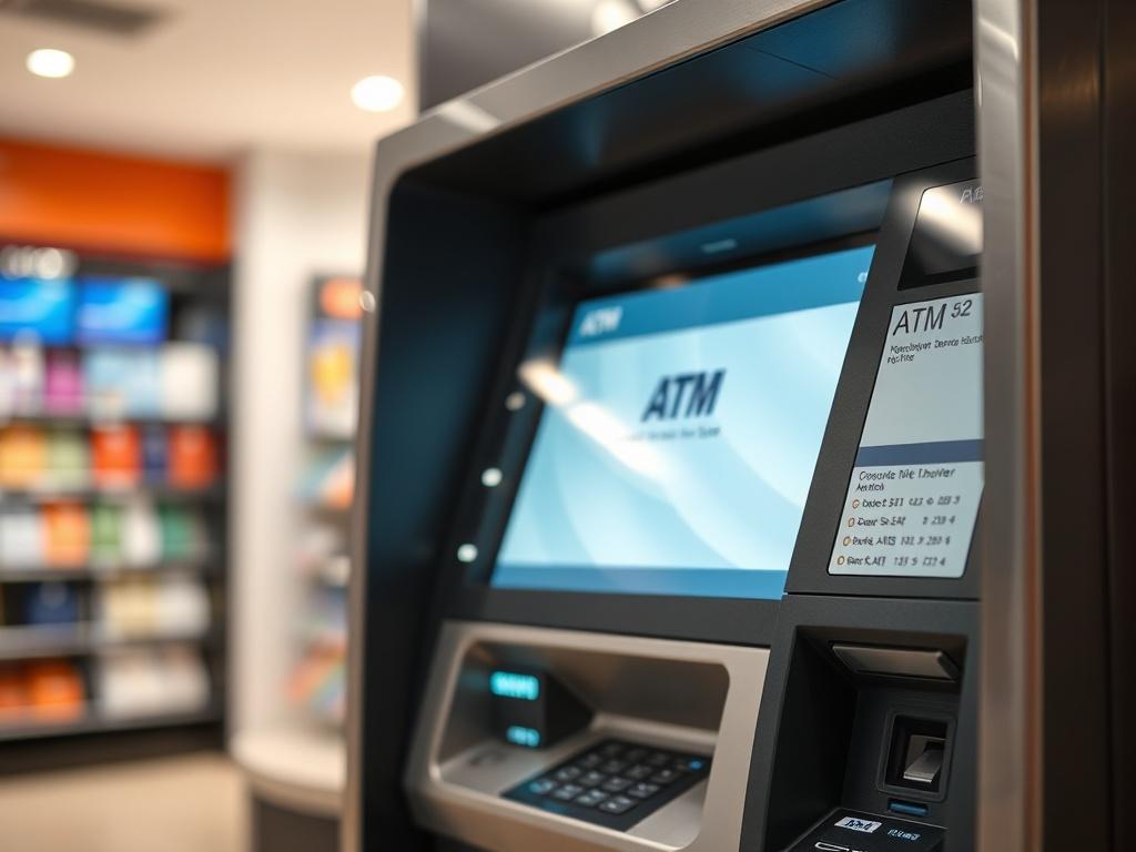 A close-up shot of a modern ATM machine in a retail environment, showcasing its sleek design and interface. The background should feature a softly blurred retail setting, emphasizing the ATM as the focal point. The image should be captured with a 45mm f/1.2 lens to create a shallow depth of field, highlighting the ATM's details while maintaining a professional and clean aesthetic. The color palette should harmonize with the primary color #CFB07C.