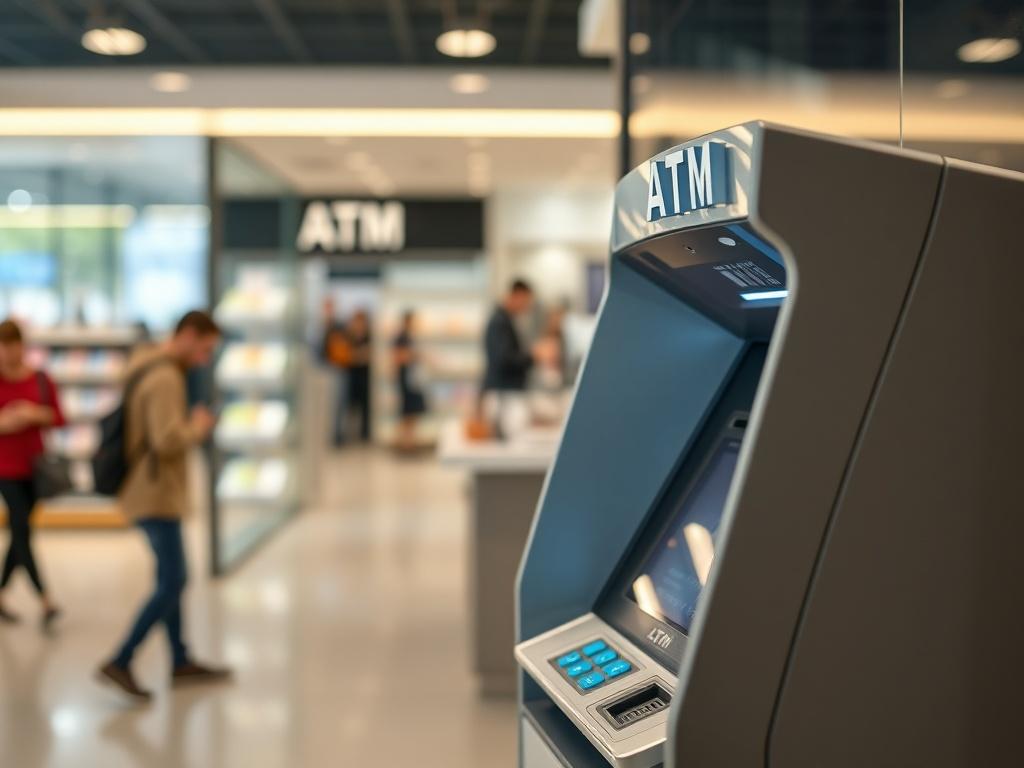 A close-up shot of a state-of-the-art ATM machine in a well-lit retail environment, showcasing its sleek design and user-friendly interface. The background features a blurred view of a modern store, with customers interacting in the space. The image captures the essence of convenience and advanced technology in cash access.