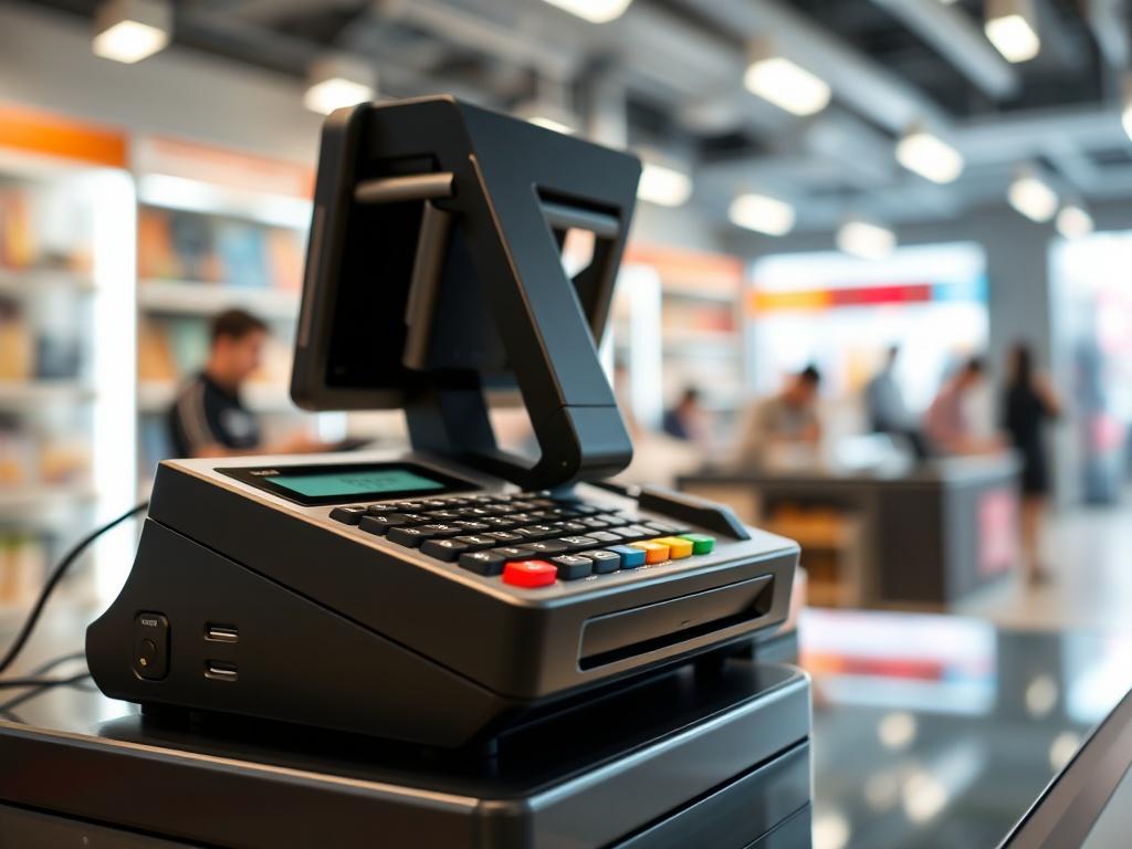 A close-up shot of a professional cash handling equipment in a bright, modern retail environment. The equipment is sleek and high-tech, with a focus on functionality. The background features blurred images of a busy retail space, emphasizing the efficiency and convenience of cash transactions. The lighting is bright, highlighting the technology, with a color palette that includes the primary brand color #CFB07C.