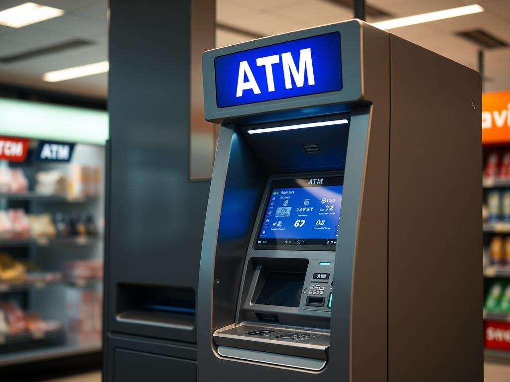A hyper-realistic close-up shot of a state-of-the-art ATM machine in a well-lit retail environment, showcasing its sleek design and advanced technology. The background should be blurred to emphasize the ATM, with hints of currency in the scene to convey cash handling. The image should have a modern and professional feel, ensuring the ATM is the focal point.