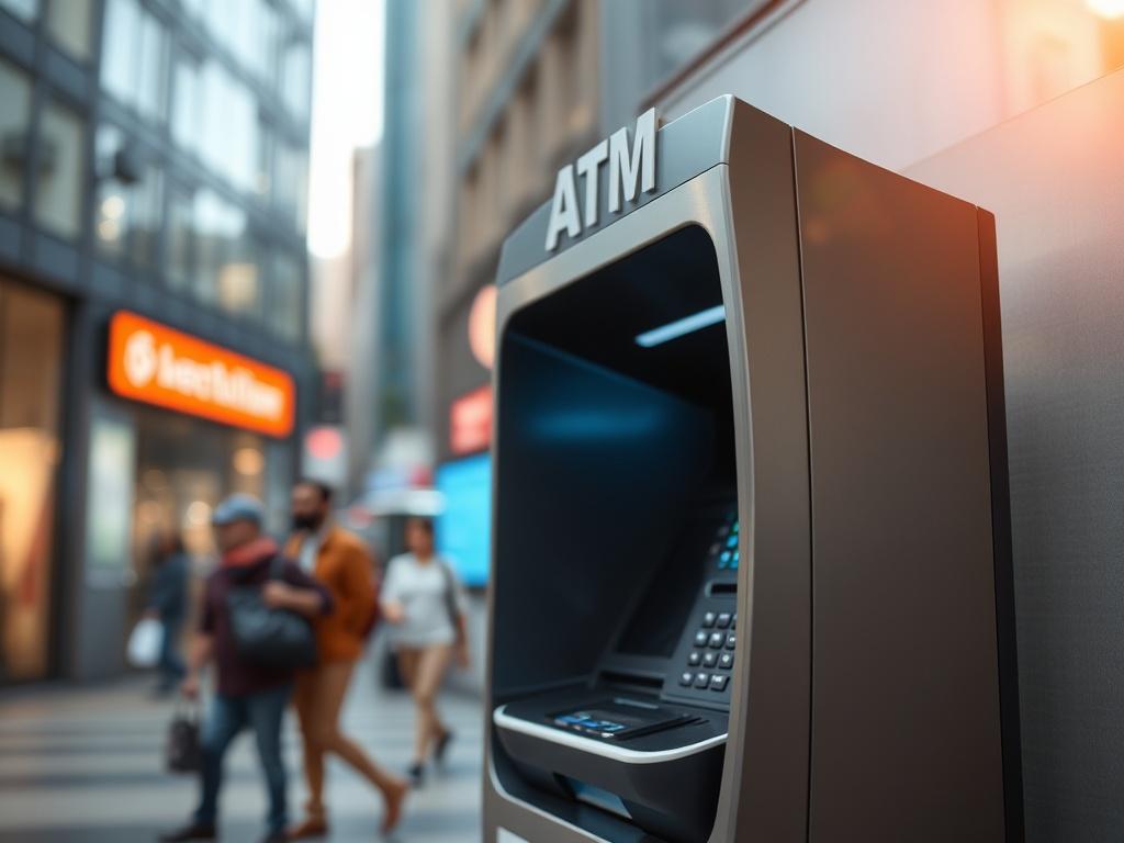 A close-up shot of a modern ATM machine with a sleek design, set against a blurred background of a bustling urban environment. The focus is on the ATM, showcasing its advanced technology and user-friendly interface. The setting is illuminated with natural light, emphasizing the ATM's features, while hints of currency notes are subtly integrated in the foreground, symbolizing cash solutions.