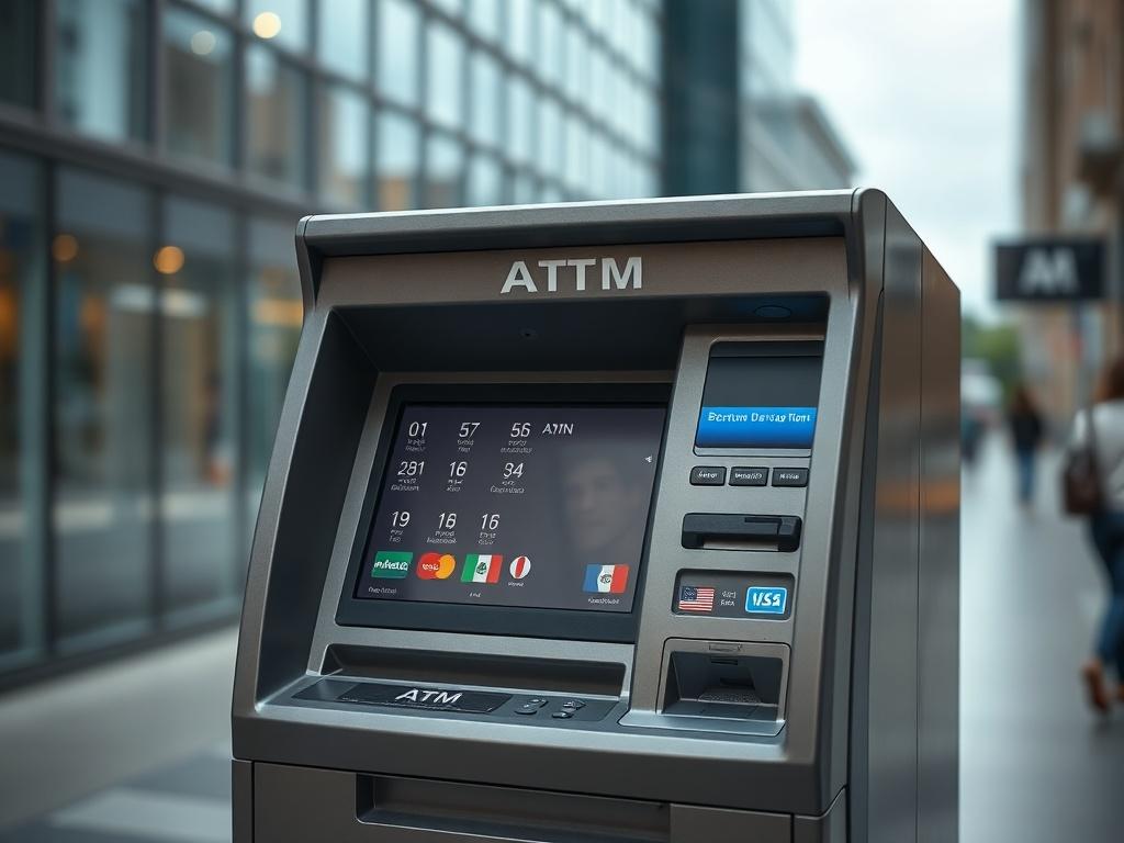 A high-resolution close-up shot of a multi-currency ATM with a sleek design, displaying various currencies (USD, EUR, MXN, CAD) on the screen. The background should be a blurred urban setting, suggesting a convenient location for travelers. Focus on the ATM's features, highlighting its user-friendly interface and modern technology. The image should have a professional and inviting appearance, suitable for a financial service provider.