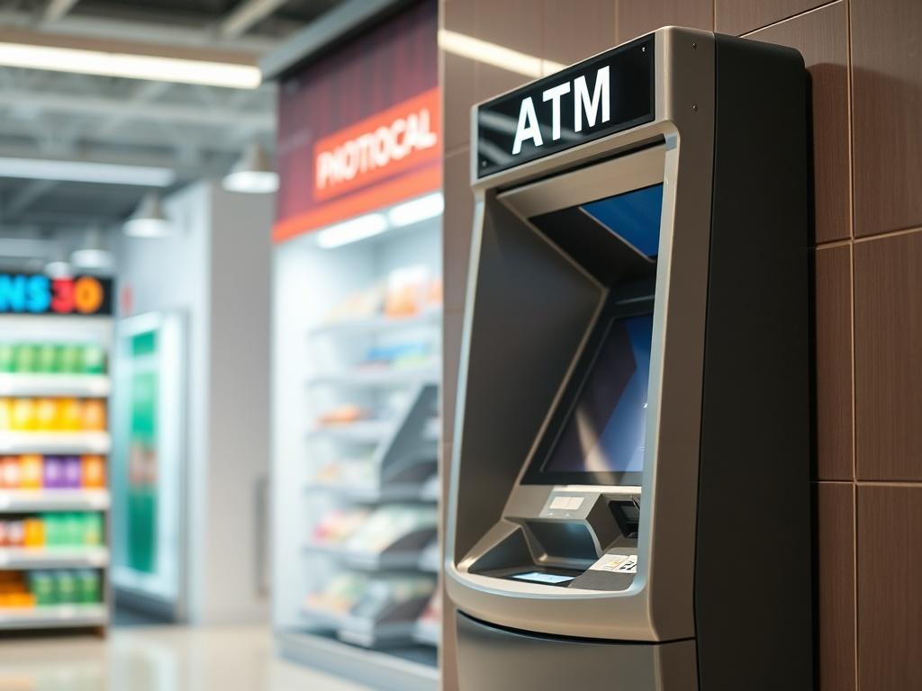 A sleek, modern ATM machine prominently displayed in a well