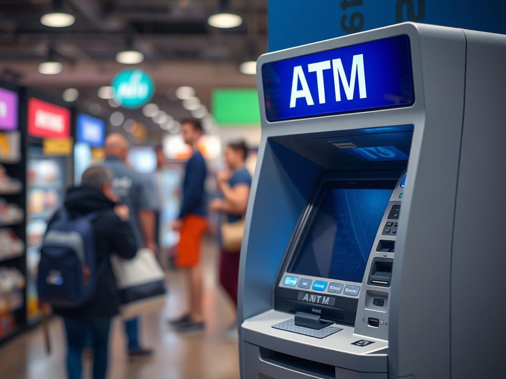 A close up shot of a modern ATM with a