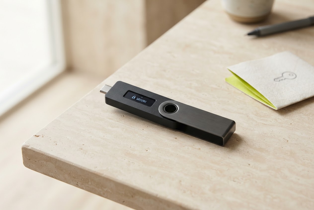 A hardware security wallet on a minimalist desktop