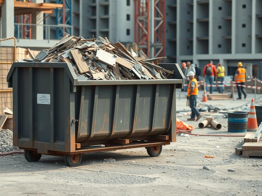 A high resolution image of a dumpster filled with construction