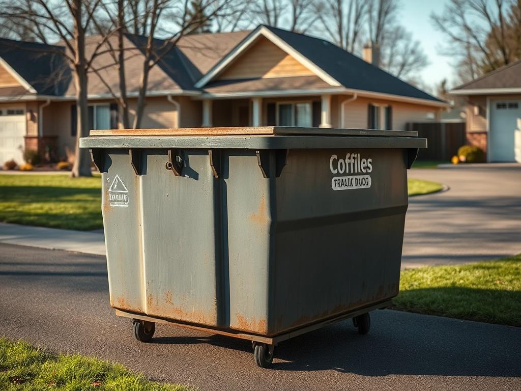 A high resolution image showing a residential dumpster in a