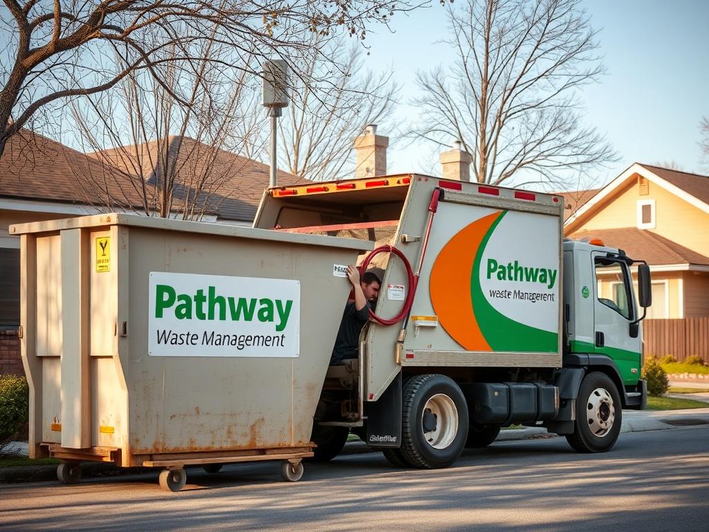 A Pathway Waste Management truck loading a full dumpster for pickup in a residential area. The scene captures a clean environment with the truck in action, showcasing the efficiency and professionalism of the waste management service.