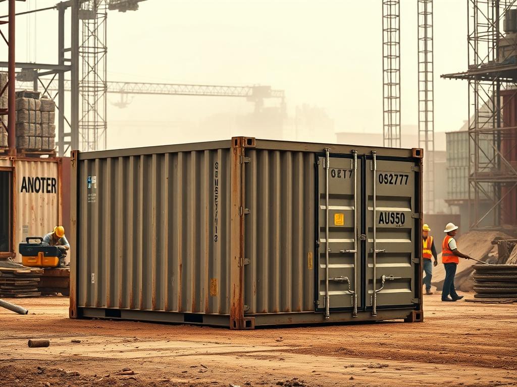 A high-resolution image of a 20-yard container in an industrial setting, with construction workers in the background, showcasing activity and purpose. The container should be the center of attention, with an emphasis on its size and capacity, set against a backdrop of earthy textures and tones.