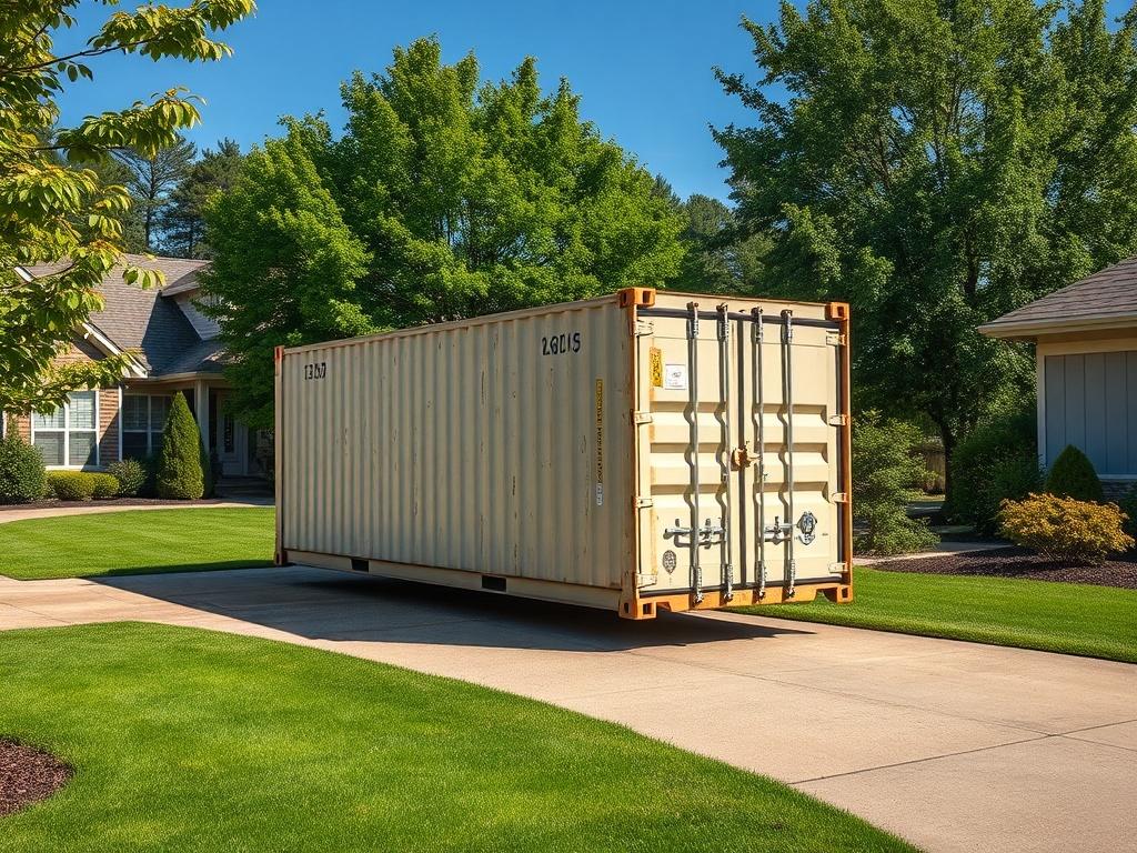 A high-resolution image of a 10-yard container parked in a suburban driveway, surrounded by lush greenery and a well-maintained lawn, with a clear blue sky in the background. The container should be the focal point, showcasing its size and purpose, with a rustic aesthetic reflecting natural tones.