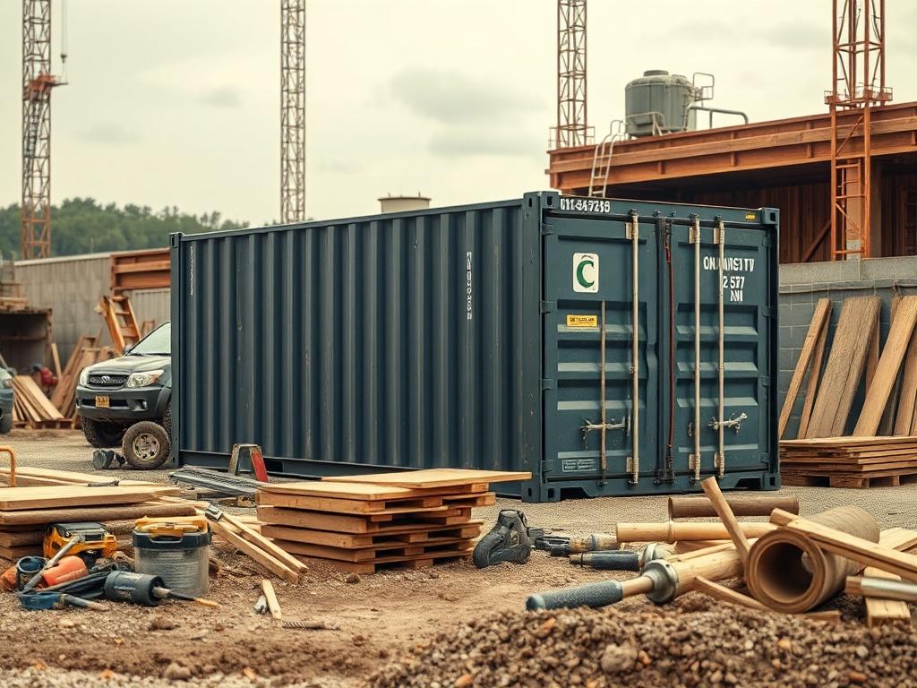A realistic high-resolution image of a 15-yard container on a construction site, surrounded by tools and materials in earthy tones. The scene should reflect a busy work environment, with the container prominently displayed, showcasing its functionality and purpose.