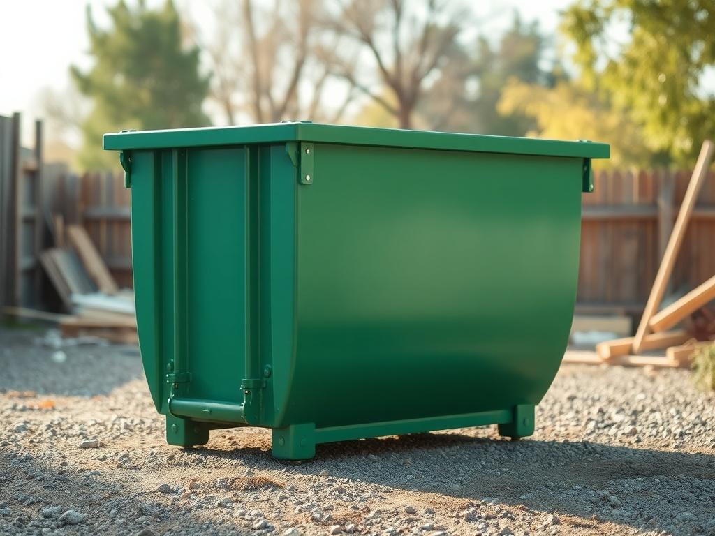 **Prompt for AI Image Generator:**

Create a realistic high-resolution photo depicting a large, sturdy dumpster positioned prominently in an outdoor setting. The dumpster should have a clean and well-maintained appearance, showcasing a vibrant green color that complements the primary rgb(50, 170, 39) tone. 

In the background, include a subtle, blurred scene of a construction site or a residential backyard, emphasizing its functional environment without diverting attention from the dumpster itself. Soft, na