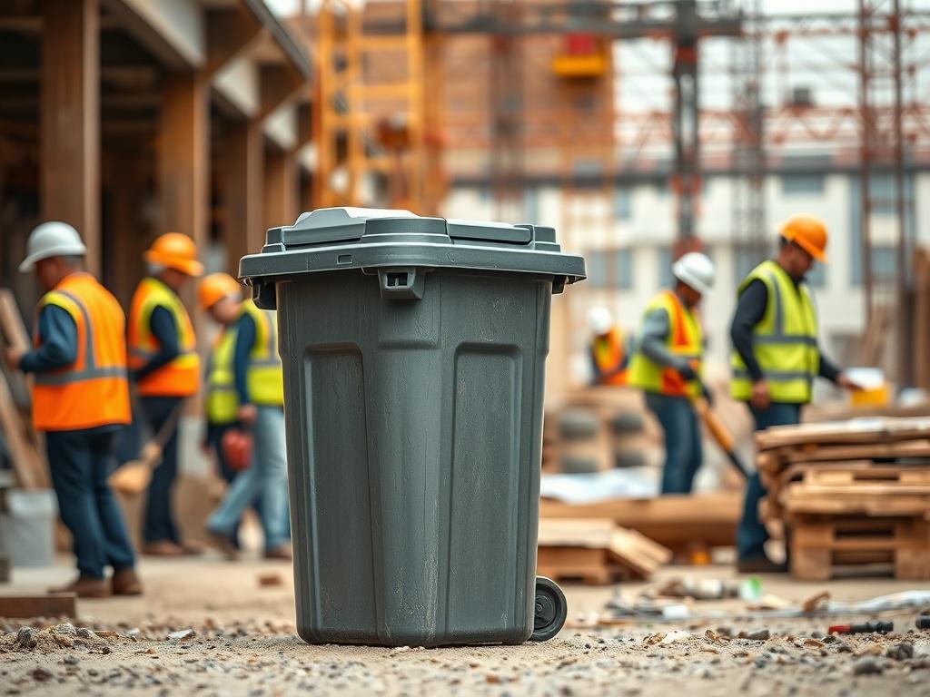 A realistic high-resolution image of a busy construction site, featuring a single waste collection bin prominently displayed. The background shows workers in hard hats and safety gear, actively engaged in construction tasks. The scene conveys a professional and efficient work environment.