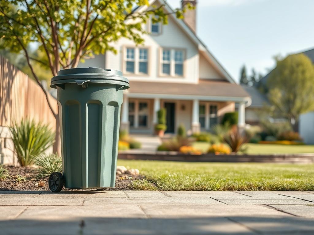 A realistic high-resolution image of a clean, organized residential area with a single waste collection bin in the foreground. The background features a well-kept yard, showcasing a beautiful home. The scene conveys a sense of order and cleanliness, with natural light illuminating the space.