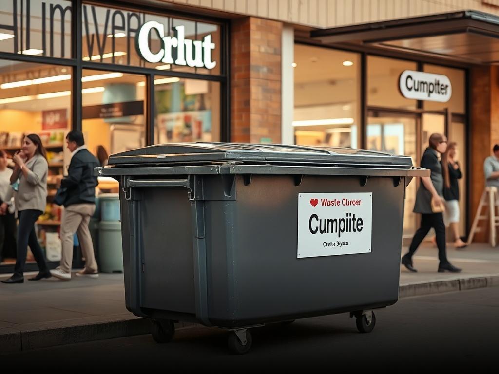 A high-resolution image of a commercial area featuring a dumpster outside a retail store. The dumpster is clean and clearly labeled, surrounded by a bustling business environment with customers and employees. The scene conveys a sense of professionalism and order, highlighting the importance of proper waste management.